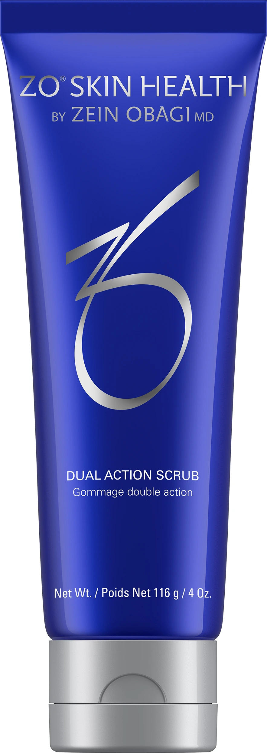 a blue tube with silver text Dual Action Scrub
